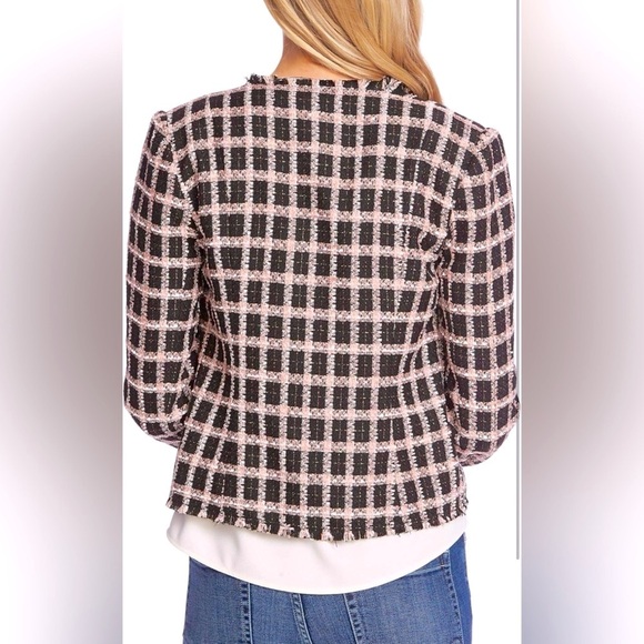 NWT-CeCe Black and Pink Long Sleeve Grid Tweed Frayed Blazer/Jacket Size‎ 6 - Picture 2 of 10